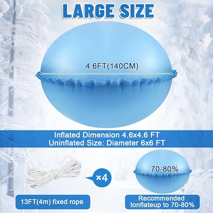 Pool Pillows for Closing Winter, 5 Feet Thick PVC Inflatable Round Air Pillow for Above Ground Pool, Ultra Cold Resistant Swimming Pool Cover Pillow Kit with Ropes, Light Blue