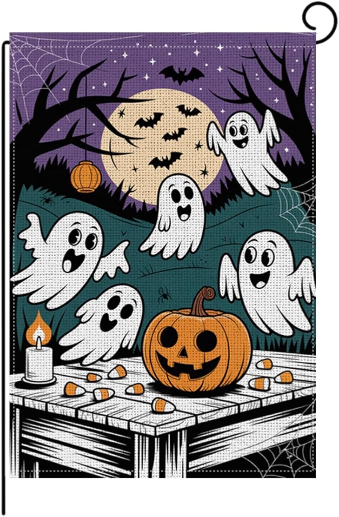 HTBIG Halloween Ghost Garden Flag, Funny Halloween Ghost Pumpkin Decor, Yard Flags for Outside 12x18 inch, For Holiday Yard Outdoor Decorate