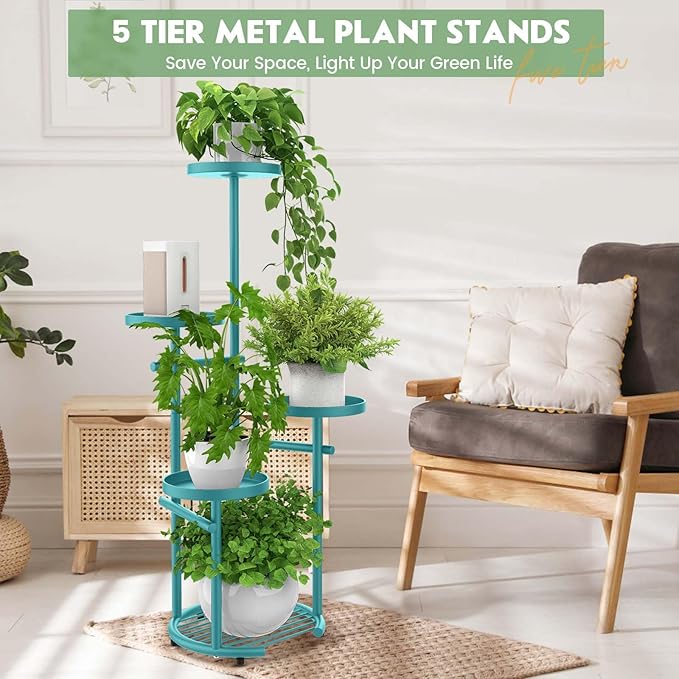 TOSKING 5 Tier Metal Plant Stand Indoor， Plant Shelf, Corner Shelf Flower Pot Stand for Outdoor Plant Stand for Living Room Balcony Garden Patio Bedroom (Blue, 38in)
