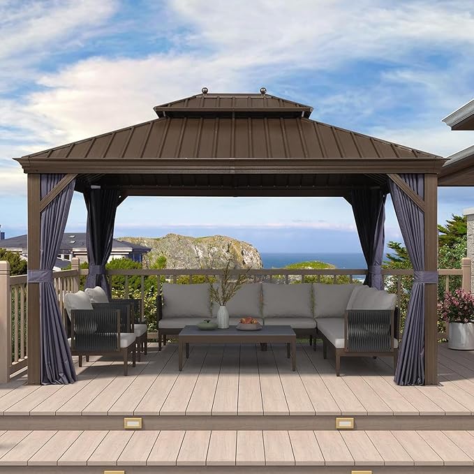 PURPLE LEAF 11' X 13' Outdoor Hardtop Gazebo Patio Wide Aluminum Frame Galvanized Steel Double Roof with Heavy Duty Netting and Curtains for Permanent Hard Top Pavilion Screen, Navy Blue
