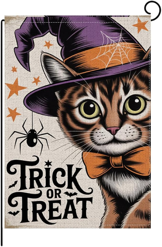 HTBIG Halloween Decor Garden Flag, Halloween Cat Trick or Treat Garden Flag, Yard Flags for Outside 12x18 inch, Outside Yard for Home Decorations
