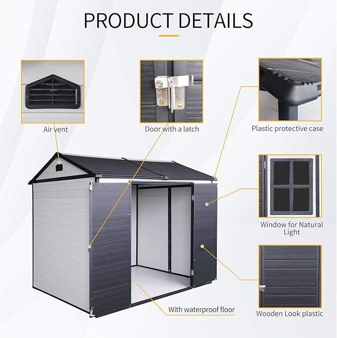 8x6 FT Resin Outdoor Storage Shed with Floor, Windows & Lockable Doors Waterproof All-Weather Garden Shed for Backyard, Patio, and Lawn Equipment Storage, White