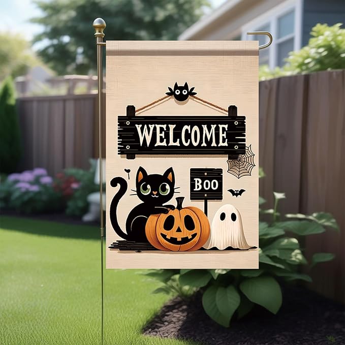 Halloween Black Cat Welcome Garden Flag 12x18 Inch Double Sided for Outside Cute Cat Pumpkin Ghost Yard Flag for Outdoor Holiday Home Decor