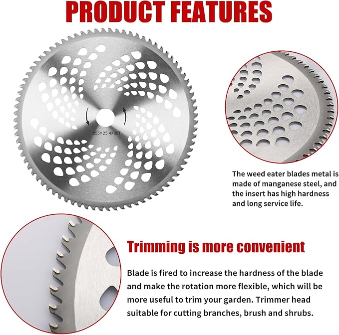9"x20T Brush Blades Carbon Steel Round Chainsaw, 10"x3T Cutter Weed Eater Blades, 10"x80T Carbide Tip Blades- Adapter Kit with 3 Round Files, Compatible With Trimmer Weed Eater Husqvarna Stihl Ego