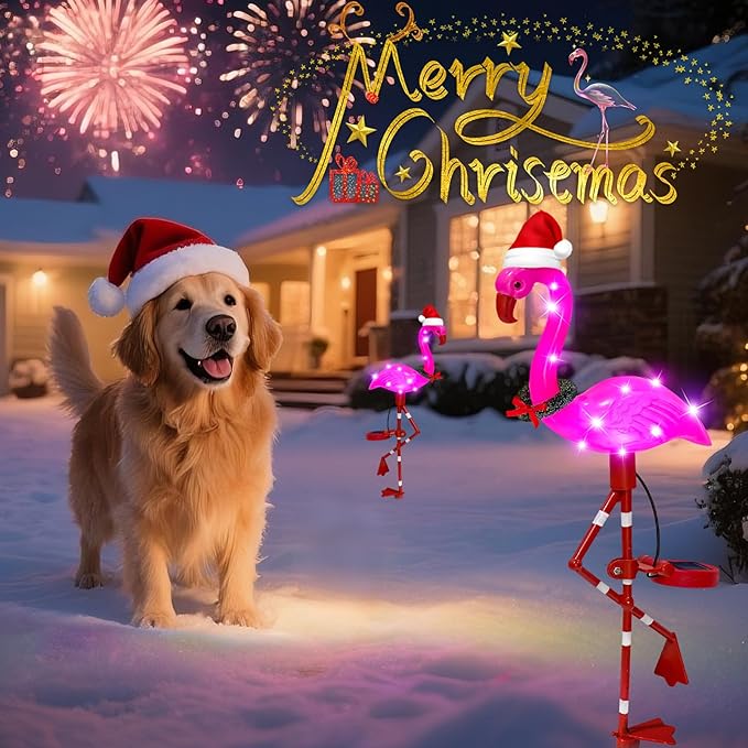 Solar Garden Lights Christmas Decorations Outdoor Waterproof,2 Packs Solar Flamingo Light,Birthday Xmas Gifts for Women Mom,Pink Flamingo Garden Statue,Decorative Lights for Yard Art Patio Porch Lawn