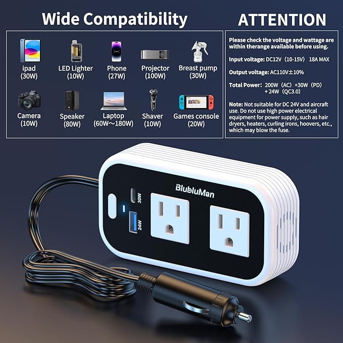 200W Car Power Inverter, Blubluman DC 12V to 110V AC Car Plug Adapter Outlet with 30W PD Charger, QC3.0 Fast Charger 24W, Power Inverter for Vehicles, Outlet for Laptop Computer Charger