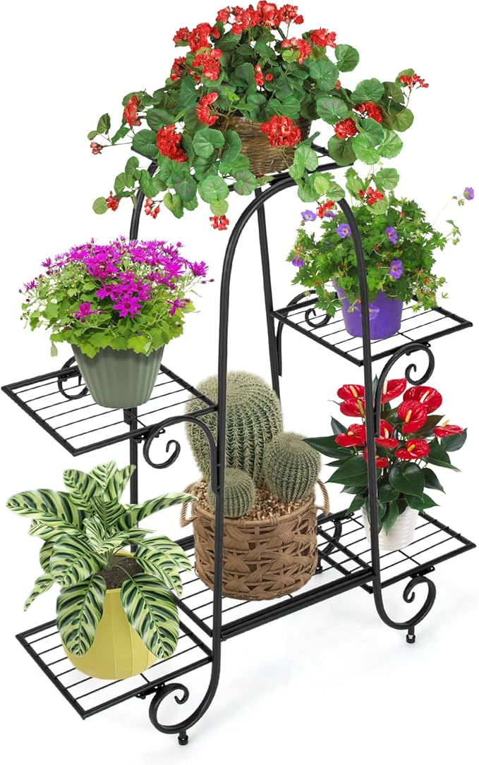 S AFSTAR 6-Tier Metal Plant Stand, Heavy-Duty Plant Display Stand Rack w/ Adjustable Footpads, Slatted Support Panel, Elevated Base, Decorative Flower Potted Holder Rack for Balcony, Living Room, Easy Assembly