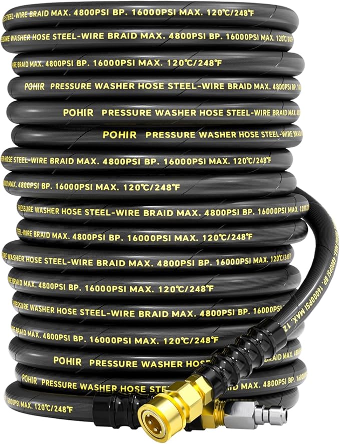 POHIR 3/8" Pressure Washer Hose 100ft 4800PSI, Power Washer Hose Steel Wire Braided with Swivel Quick Connect, Commercial Grade Industrial High Pressure Water Washing Hose (4800PSI, 100FT)