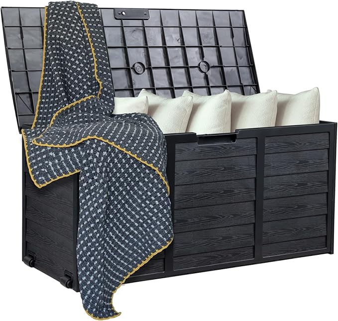 VINGLI 75 Gallon Resin Outdoor Deck Box, 75 Gallon Patio Storage Box with Side Handles, Lockable Storage Containers for Patio Furniture Cushions, Pool Accessories, Garden Tools, Full Black