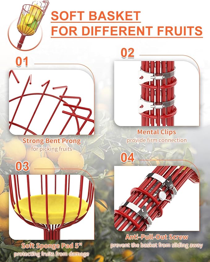 AgiiMan 5 to 20 FT Fruit Picker Pole - Reach to 26 FT Fruit Picker with Telescopic Extension Pole, Lightweight and Sturdy Aluminum Telescopic Pole, Easy to Assemble Fruit Picking Basket