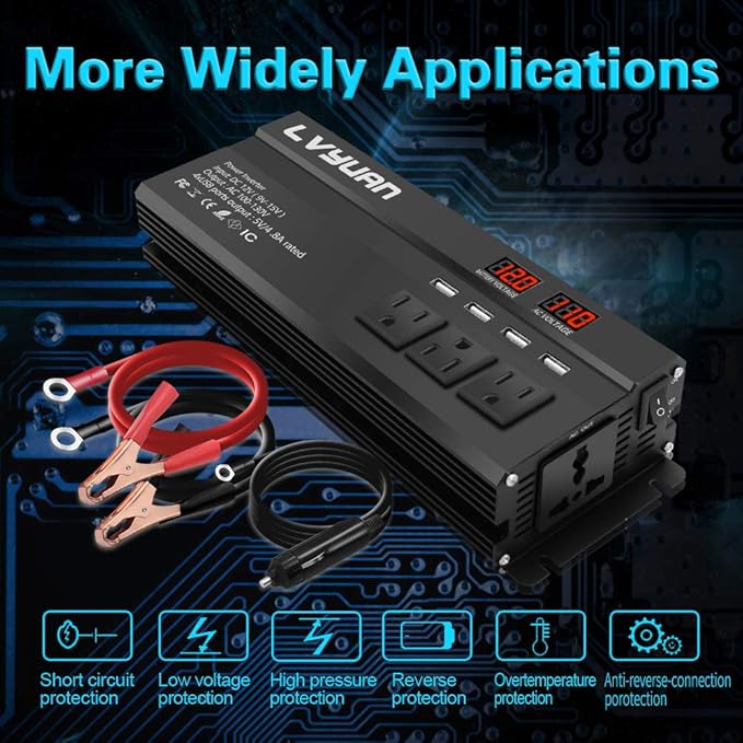 Yinleader Power Inverter 1000Watts Inverter 12V DC to 110V AC Car Converter w/Display 4 AC Outlets 4 USB Port and Cigarette Lighter for Vehicles Laptop Emergency,conversor 12v a 110 carro Inversor