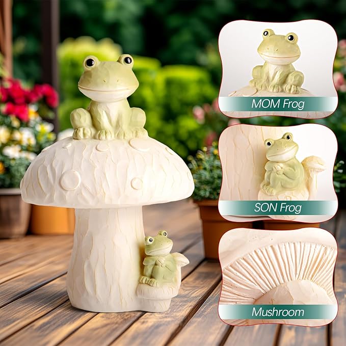 Frog Garden Decor Outdoor Statues, Mushroom Home Decor with Frog Figurines Outdoor Fairy Gardens Accessories Lawn Ornaments, Cute Garden Statues for Outside Yard Lawn Planters Art Decorations Gifts