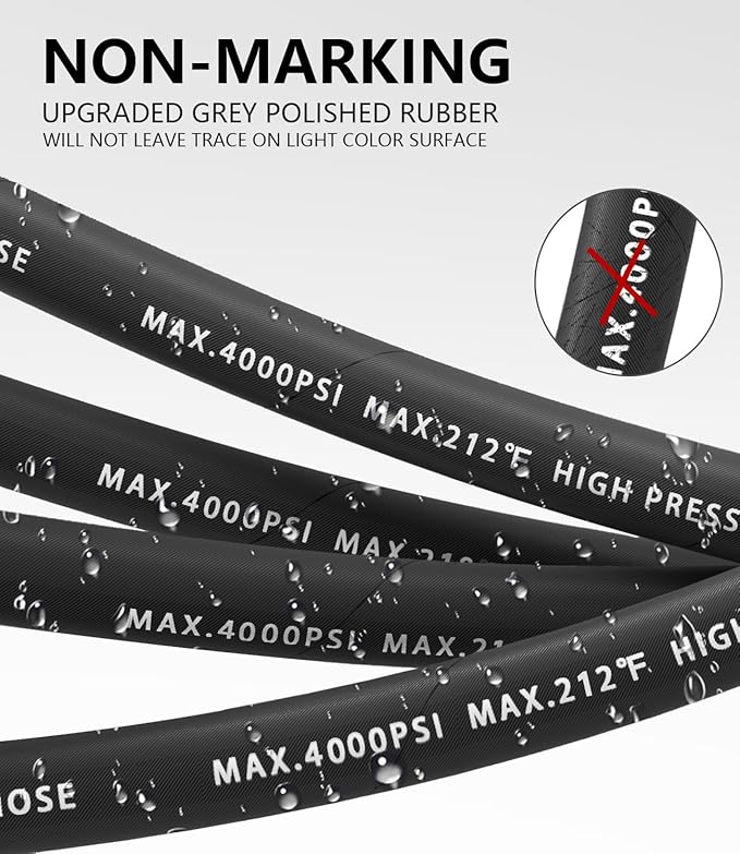 Pressure Washer Hose 50FT 4000 PSI, Kink Resistant Steel Braided Layer & NonMarking Rubber for Hot/Cold Water, High Power Washer Hose With 3/8 Inch Quick Connect & M22 Fitting, Black