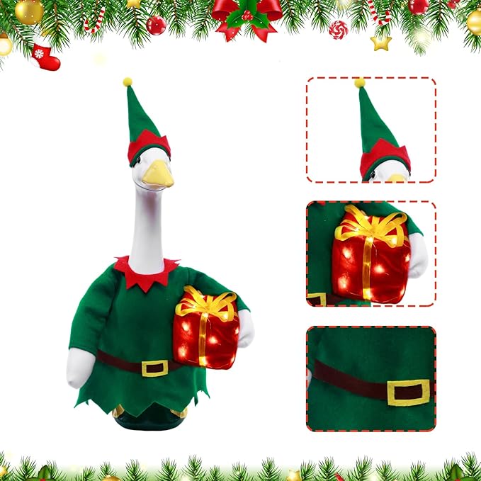 Christmas Toy Soldier Style Porch Goose Outfits,2 Pcs/Set Goose Clothes with Pointed Hat and Gift Box Fits 23" Lawn Goose Statue,Green Christmas Outdoor Goose Costume,Yard Patio Garden Xmas Decor