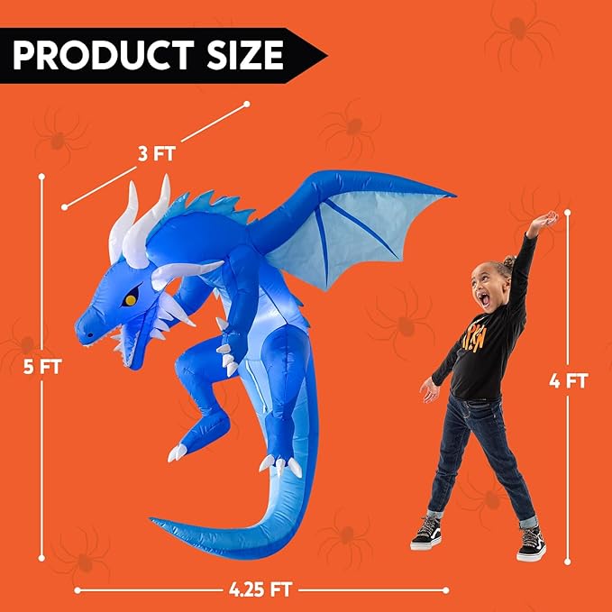 Joiedomi 5 Ft Tall Halloween Inflatables Hanging Ice Dragon Outdoor Decorations, Hanging Ice Dragon Blow Up for Yard with Build-in LEDs, Halloween Inflatables Party Supplies Outdoor Decor for Yard