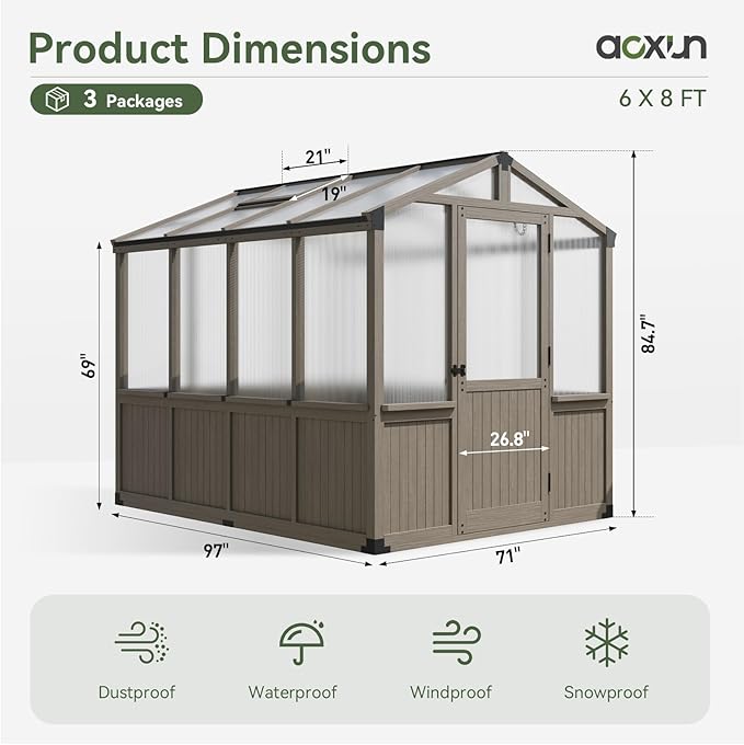 Aoxun 6x8 FT Wood Green House for Outdoors, Polycarbonate Panel Wooden Walk-in Greenhouse Kit with Automatic Temperature Control Roof Vent and Lockable Door, for Outside Backyard Garden, Gray