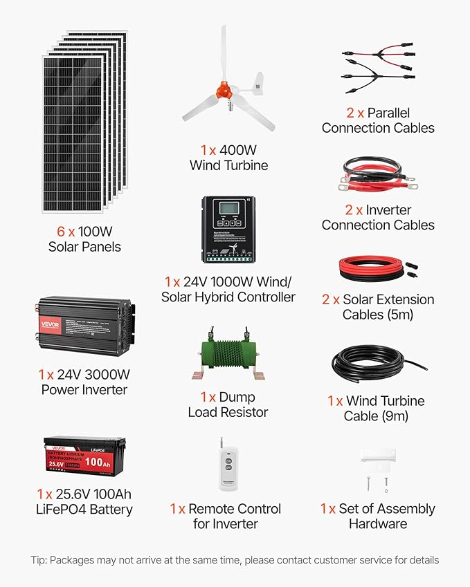 VEVOR 24V 1000W Solar Wind Power Kit, 6*100W Solar Panel + 400W Wind Turbine + 25.6V 100Ah LiFePO4 Battery + 3000W Power Inverter + MPPT Wind/Solar Hybrid Controller for Home Boat Cabin Farm Off-Grid