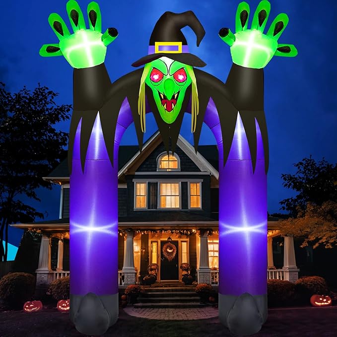 Danxilu 10 FT Tall Halloween Inflatables Witch Archway Outdoor Decorations, Scary Blow Up Yard Decoration Built-in LED Lights Giant Halloween Inflatable Clearance Witch Arch Decor for Holiday Party