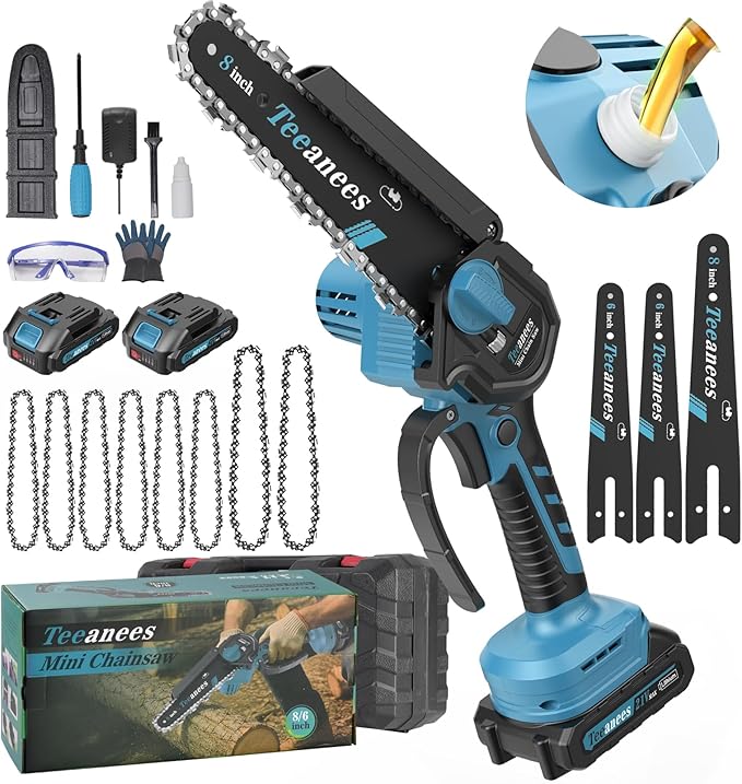 Mini Chainsaw Cordless, 8 Inch & 6 Inch Portable Electric Chain Saw with 2 Battery 8 Chains, Auto Oiler, Battery Powered Small Handheld Saw for Wood Cutting, Tree Trimming, Garden(Blue)