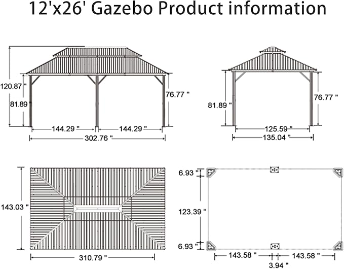 PURPLE LEAF 12' X 26' Outdoor Hardtop Gazebo Patio Wide Aluminum Frame Galvanized Steel Double Roof with Heavy Duty Netting and Curtains for Permanent Hard Top Pavilion Screen Khaki