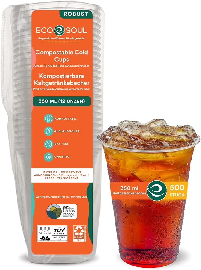 ECO SOUL 100% Clear Compostable Party Cups | (500 Count, 12 oz) | Disposable | Biodegradable | Plant Based Eco-friendly Alternative to Paper & Plastic Cups | For Weddings & Gatherings