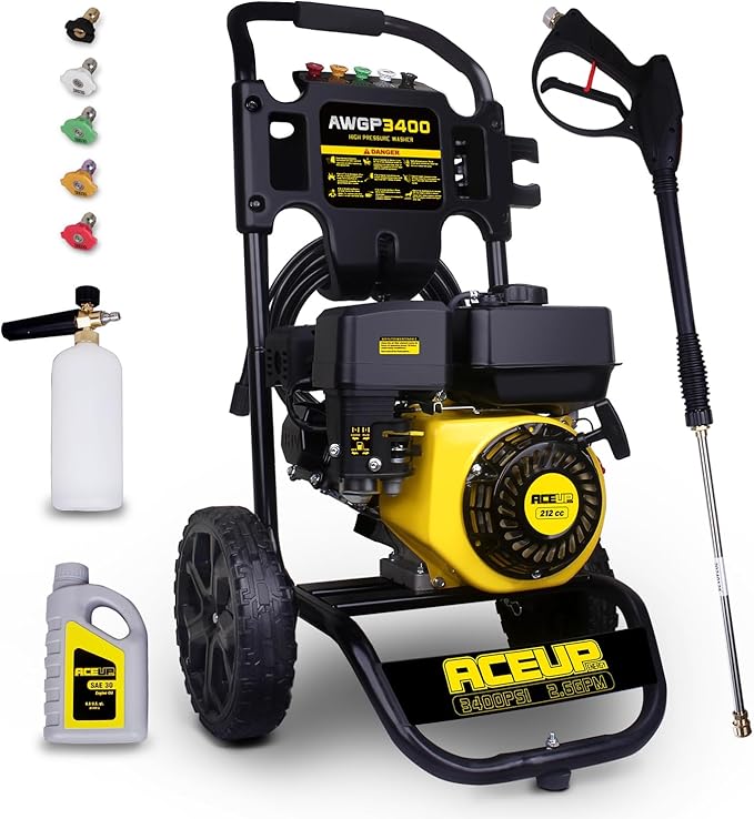 Aceup Energy 3400 PSI Gas Pressure Washer Gas Power Washer 2.6 GPM 212cc 1L Foam Cannon 4 Nozzles for Garden, Cars, Homes, Fences