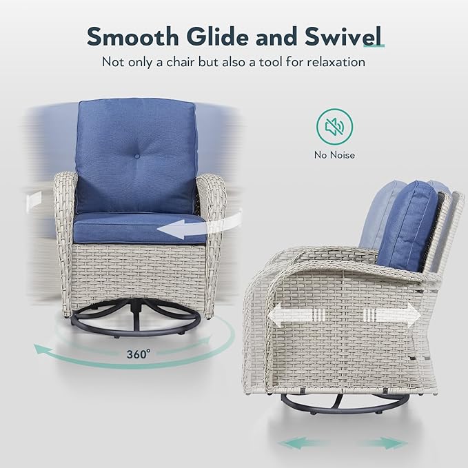 2 in 1 Porch Glider Swivel Chair - Wicker Patio Furniture Outdoor Swivel Rocker Chair with Thick Cushion, 300 Lb Weight Capacity Patio Swivel Glider Seating - Light Beige Wicker Blue Cushion