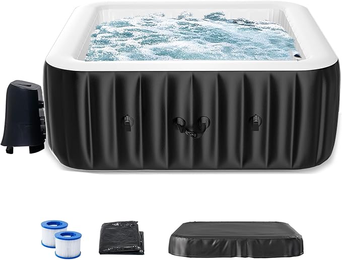 LILYPELLE 2-4 Person Inflatable Hot Tub, Large Square Portable Hot Tub with 120 Bubble Jets, Outdoor Spa Set Included Heater Pump, Filter and Spa Cover, 60" X 60" X 25"