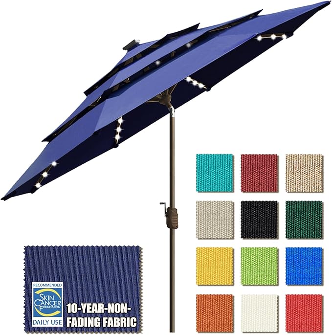 EliteShade USA 10-Year-Non-Fading Solar 9ft 3 Tiers Market Umbrella with 80 LED Lights Patio Umbrellas Outdoor Table with Ventilation,Navy Blue