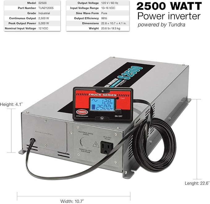 Tundra S Series - DC/AC Truck Power Inverter - Pure Sine Wave 2500W / 12V DC to 120V AC - S2500