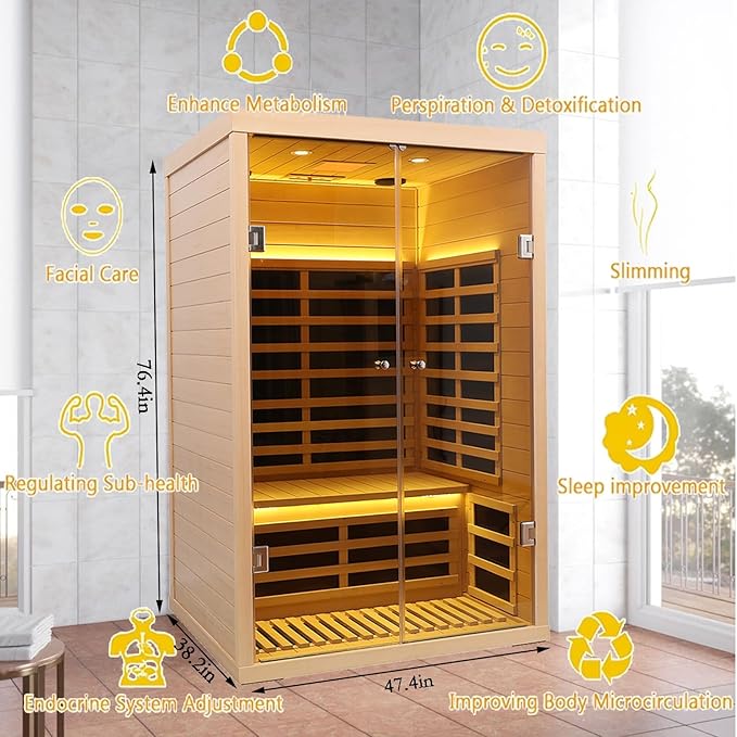 Hemlock 2 Person Infrared Sauna for Home, 1820W/120V, Ultra-Low EMF (0-5mG) Full Spectrum Far Infrared Sauna with APP Control, Bluetooth Speaker & Chromotherapy Light, Indoor Home Saunas Room