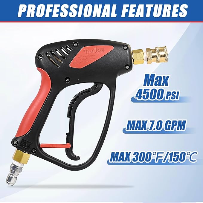 TOOLCY Short Pressure Washer Gun with Swivel, 4000 PSI Power Washer Gun, Car Wash Power Washing Gun with 3/8" Male Plug, 1/4” Quick Connector Coupler and 5 Nozzle Tips
