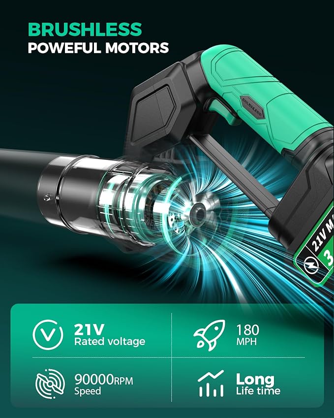 Electric Leaf Blower Cordless, Brushless Motor 2× 3.0Ah Batteries, Lightweight Leaf Blowers 180° Rotatable, 3 Speed Portable Blower for Lawn Care/Leaves/Yard/Garden/Patio/Snow