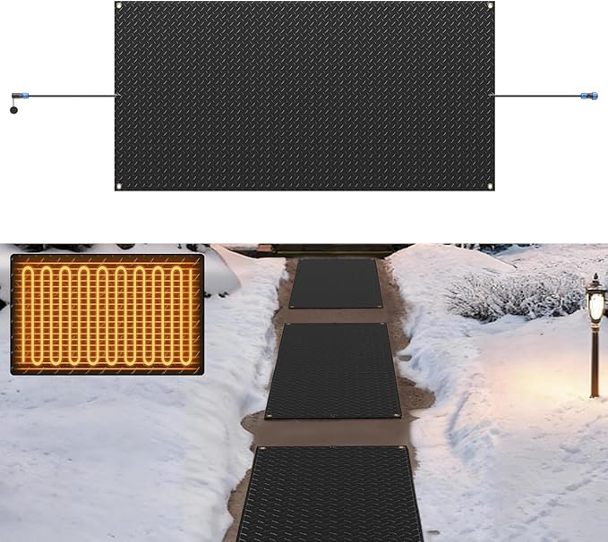 Snow Melting Mats Outdoor for Walkways, 30 x 60 in No-Slip Heated Outdoor Mats with 10 ft Power Cord, 3 in/h Speed Snow and Ice Melting Pads for Winter Backyards Snow Removal