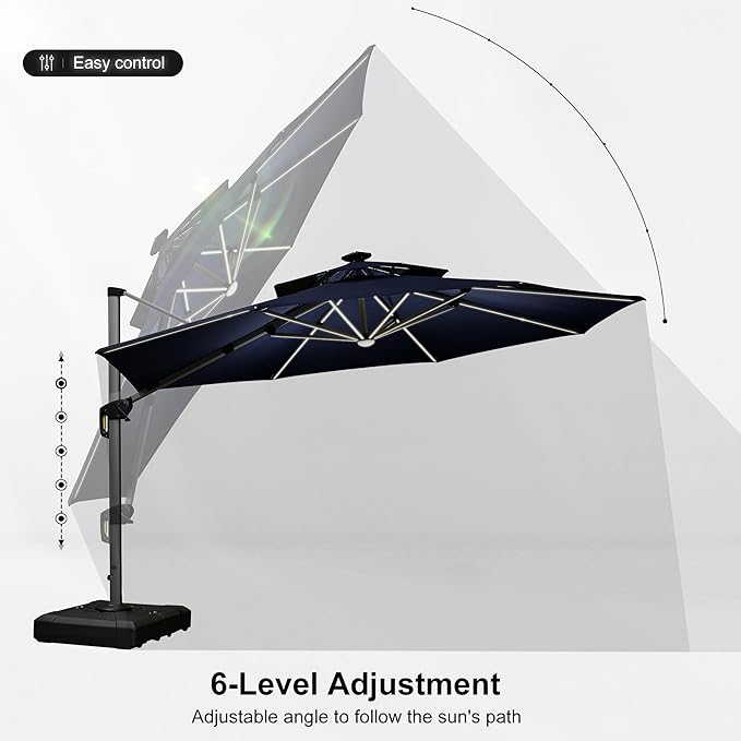PURPLE LEAF 12ft Solar powered LED Patio Umbrella Outdoor Round Umbrella Large Cantilever Umbrellas with LED lights Windproof Offset Umbrellas Sun Umbrella for Garden Deck Pool Patio, Navy Blue