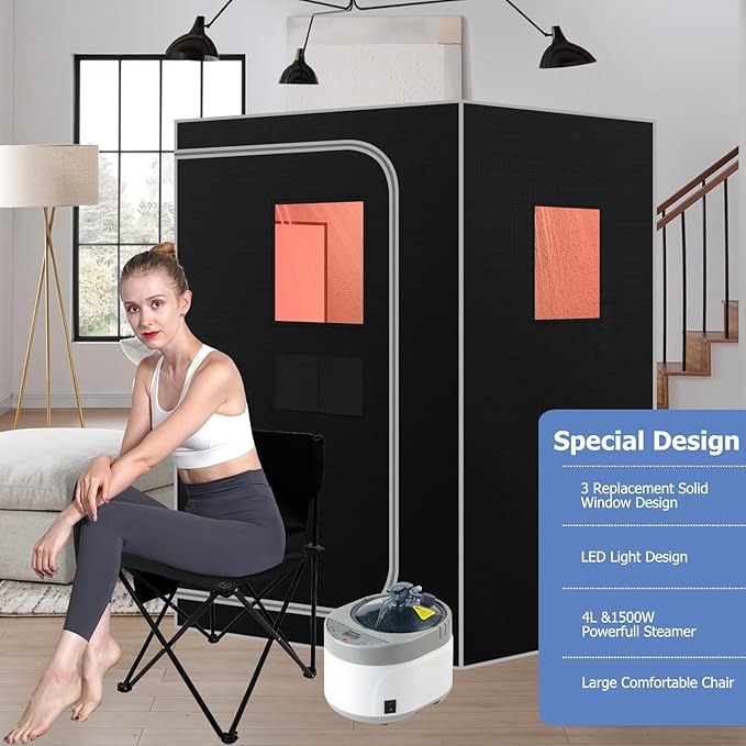 Smartmak Portable Steam Sauna, Personal Sauna Box for Home Spa, 4L Steamer, Full Body Sauna Tent with Adjustable Vision, 16 Levels, 99 Minute Timer, Remote Control, Light, Large Foldable Chair, Black