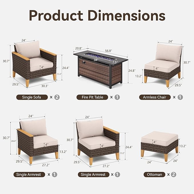 GREEN PARTY 7 Pieces Wicker Patio Furniture Set with 56" Fire Pit Table, All-Weather Outdoor Rattan Patio Sectional Sofa Conversation Set 7 Seats with 4" Thick Cushions for Garden, Backyard