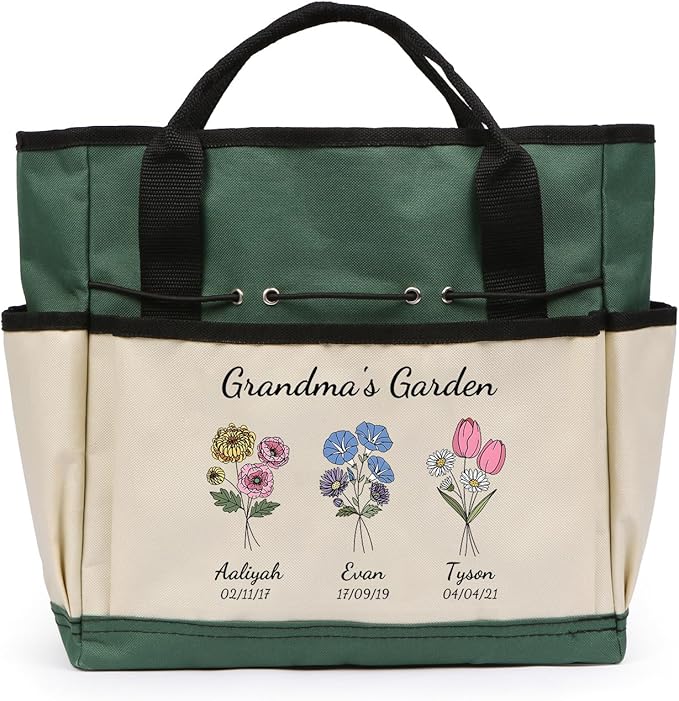 Personalized Garden Tools Set for Women: Custom Text Garden Tool Bag and Garden Shovel & Transplant Shovel & Hand Rake - Gardening Gifts for Mom Grandma Gardening Lover (3 Flowers)