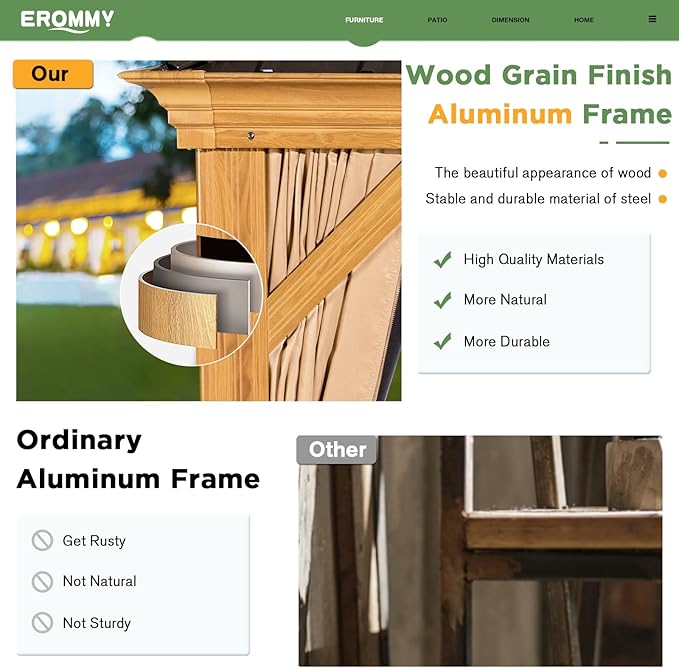 EROMMY 12x14 Gazebo, Wooden Finish Frame Gazebos with Galvanized Steel Roof for Patio & Backyard