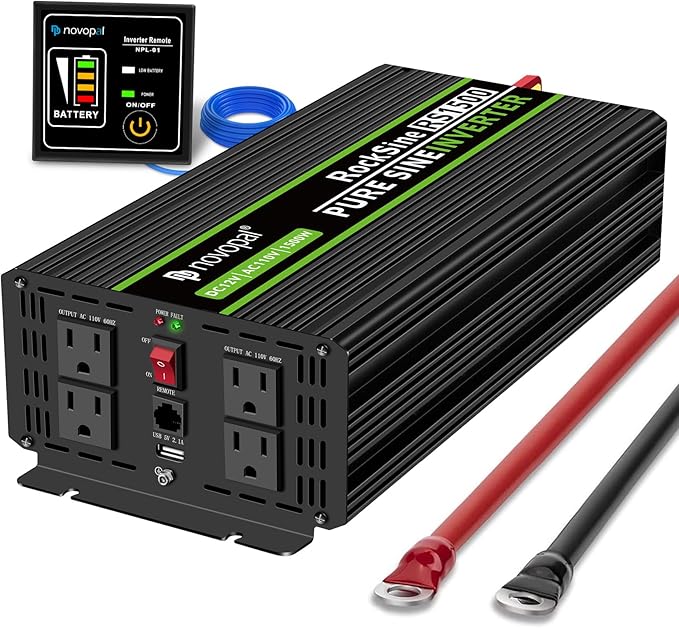 Novopal 1500W Pure Sine Wave Inverter, 12V DC to 110V/120V AC Car Power Converter, DC-AC Power Inverter with 4 Outlets, High-Power Interface，16ft Remote Control, LCD Display