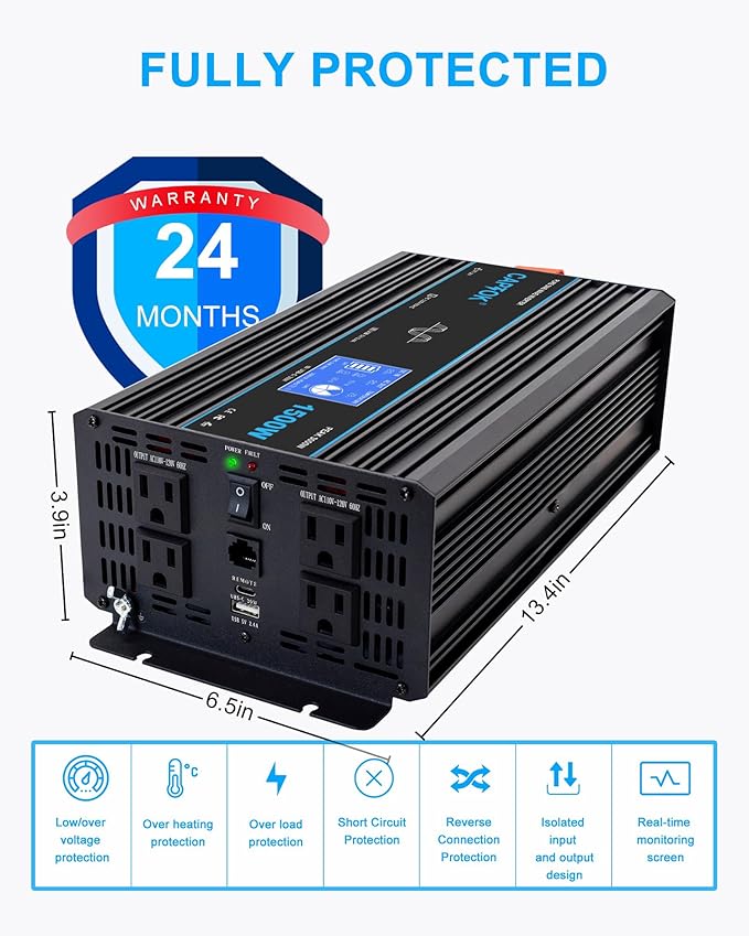 1500W Pure Sine Wave Inverter DC 12V AC 120V Double LCD Screen Remote Control Power Inverter 30W USB-C 4AC Outlets for RV, Home, Solar System
