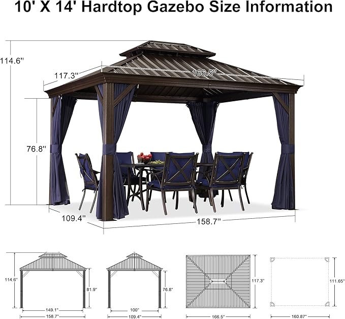 PURPLE LEAF 10' X 14' Permanent Hardtop Gazebo for Patio with Netting and Curtains Deck Backyard Heavy Duty Sunshade Metal Roof All Weather Outdoor Pavilion Canopy