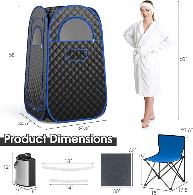 COSTWAY Portable Steam Sauna, Full-Body Personal Sauna Tent w/ 3L Steam Generator, Foldable Chair, Foot Massager, Timer, Remote Control, Indoor Pop-up Sauna Tent for Home Spa Relaxation (Black)