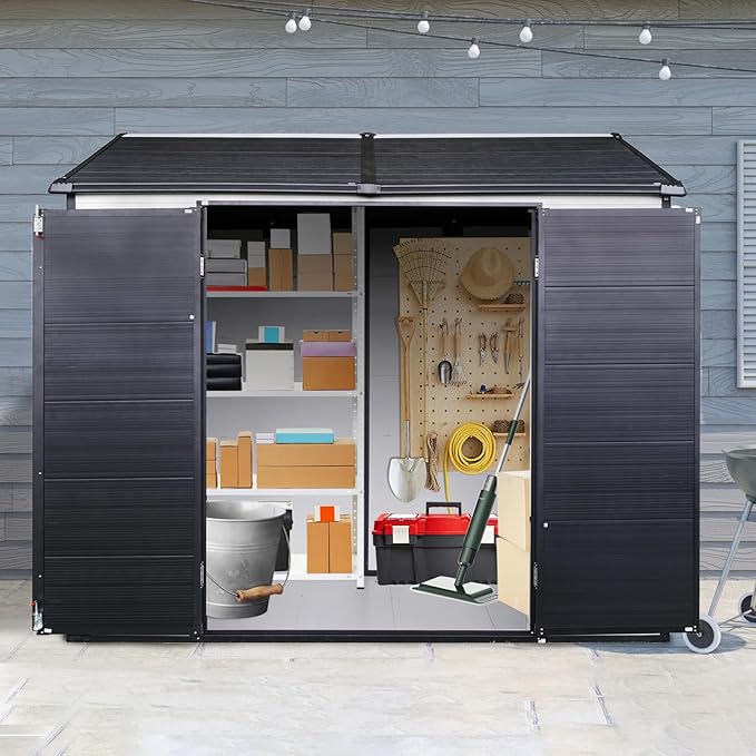 Outdoor Storage Shed with Two-Window and Lockable Door, 8 x 6 FT Resin Storage Shed, Plastic Tool Shed with Floor for Gargen, Patio, Yard, Lawn