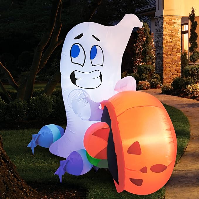 Joiedomi 5 FT Tall Halloween Inflatable Outdoor Decorations, Halloween Ghost Blow Up Yard Decorations, Inflatable Ghost with Candy Pumpkin Cauldron for Garden Decoration