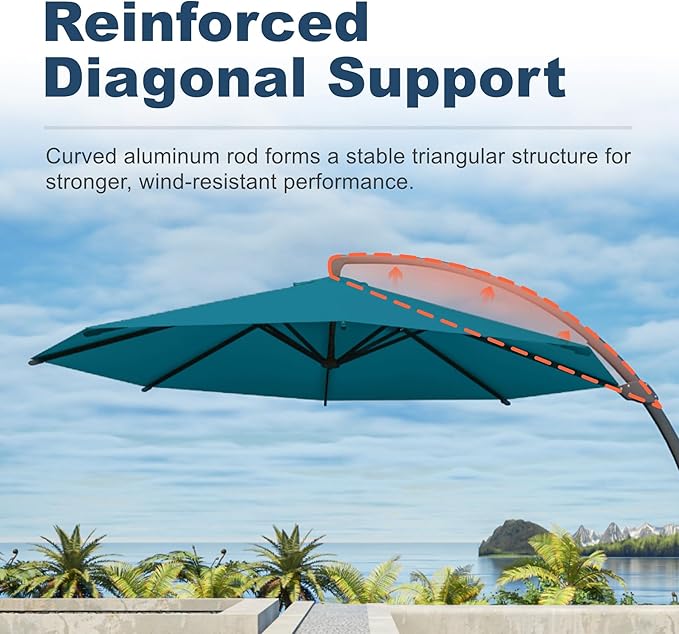 11FT Cantilever Umbrella with Base Large Curvy Outdoor Aluminum Offset Umbrella w/ 360° Rotation, UV Resistant Canopy for Patio, Garden, Backyard, Lake Blue