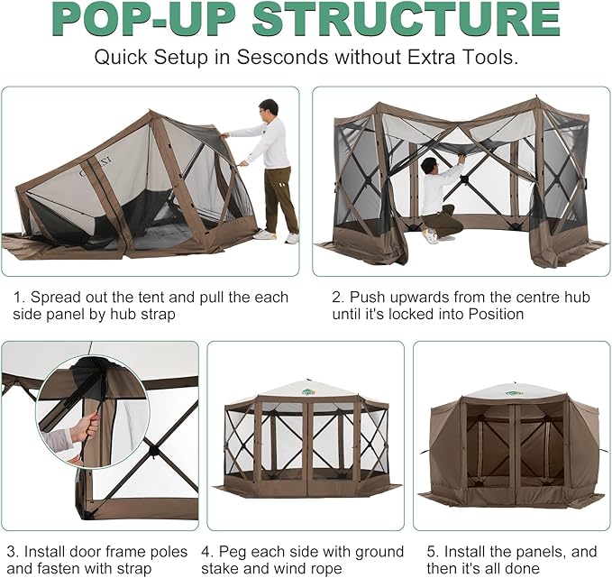 COBIZI 12x12ft Pop up Canopy Tent Gazebo on Clearance Screen Tent, Outdoor Screened Gazebo with Sidewalls, Portable Screen House for Camping with Carrying Bag and Ground Stakes, Brown(Upgraded 2.0)