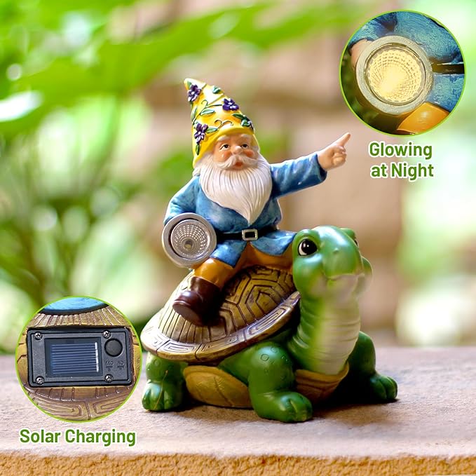 Solar Garden Gnomes Outdoor Garden Decor with Solar LED Light, Yard Graden Gnomes Decorations for Patio Lawn, Gifts for Mom, Gnomes Gifts for Women (Turtle)