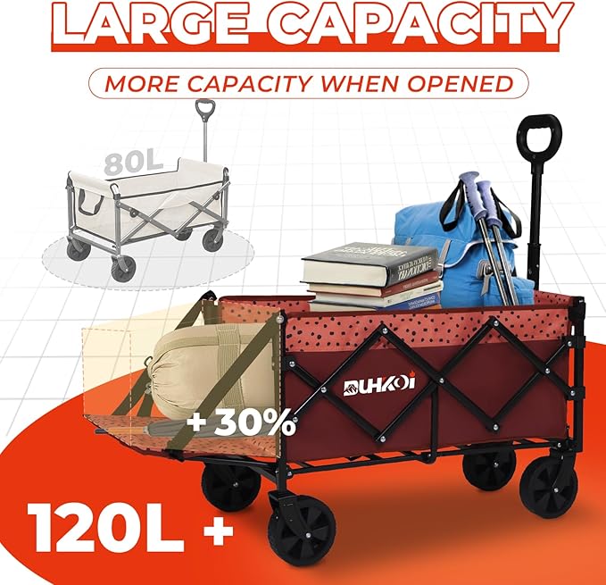 Collapsible Tailgate Wagon with Wheels, Compact Size Folding Utility Cart, 380LBS Capacity for Garden, Grocery, Beach, Camping – Portable Heavy Duty Cart(Brick Dot)