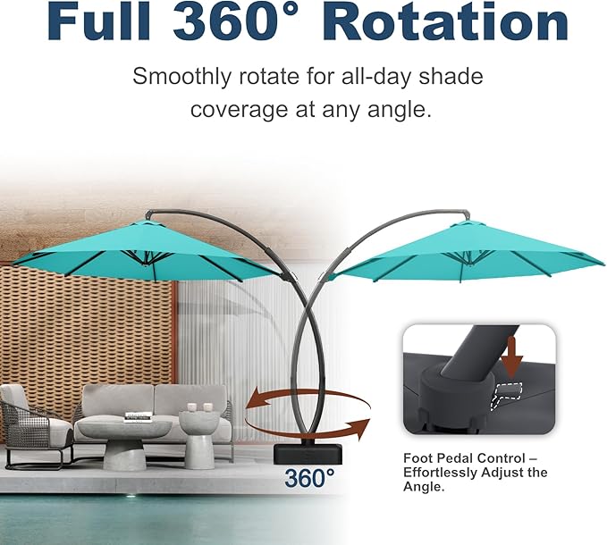 11FT Cantilever Umbrella with Base Large Curvy Outdoor Aluminum Offset Umbrella w/ 360° Rotation, UV Resistant Canopy for Patio, Garden, Backyard, Turquoise Blue